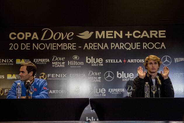 November 18, 2019, Buenos Aires, Federal Capital, Argentina: press conference, PK, Pressekonferenz of Roger Federer and Alexander Zverev after their arrival in Buenos Aires, Argentina. Both players will star in the exhibition match that will take place on Wednesday, November 20 at Parque Roca. In principle, the game was going to be against Juan MartoÂ­n del Potro, but five days after the show, the Argentine said he would not be able to play because of physical problems. After their stay in Buenos Aires, both the Swiss and the German will tour Latin America in which they will perform in Mexico, Colombia and Chile. Press Conference by Roger Federer and Alexander Zverev. - ZUMAa179 95091514st Copyright: xRobertoxAlmeidaxAveledox