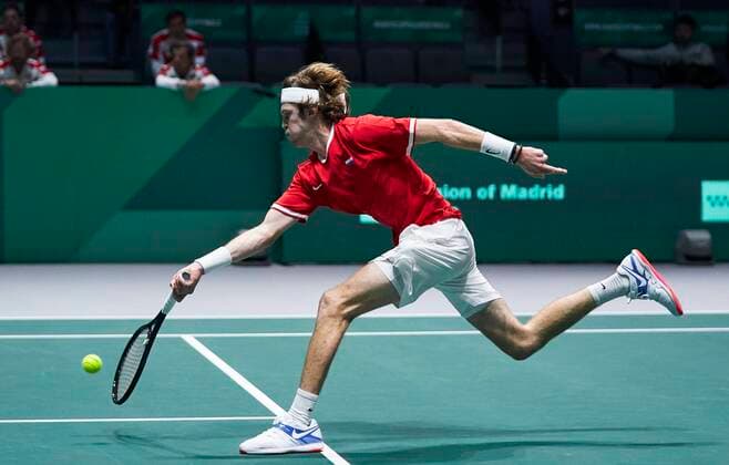 MADRID, SPAIN - NOVEMBER 18: Andrey Rublev of Russia in action during the Group B match between Croatia and Russia of Davis Cup by Rakuten Madrid Finals 2019 at Caja Magica on November 18, 2019 in Madrid, Spain. (Photo by Diego Souto Kosmos Tennis) Cordon Press