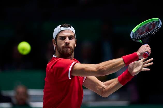 MADRID, SPAIN - NOVEMBER 18: Karen Khachanov of Russia in action during the Group B match between Croatia and Russia of Davis Cup by Rakuten Madrid Finals 2019 at Caja Magica on November 18, 2019 in Madrid, Spain. (Photo by Jose Manuel Alvarez Kosmos Tennis) Cordon Press