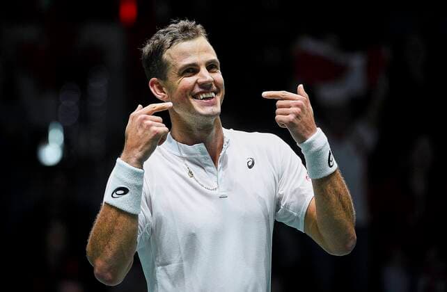 MADRID, SPAIN - NOVEMBER 19: Vasek Pospisil of Canada celebrates during the Group F match between USA and Canada during Davis Cup by Rakuten Madrid Finals 2019 at Caja Magica on November 19, 2019 in Madrid, Spain. (Photo by Corinne Dubreuil Kosmos Tennis) Cordon Press