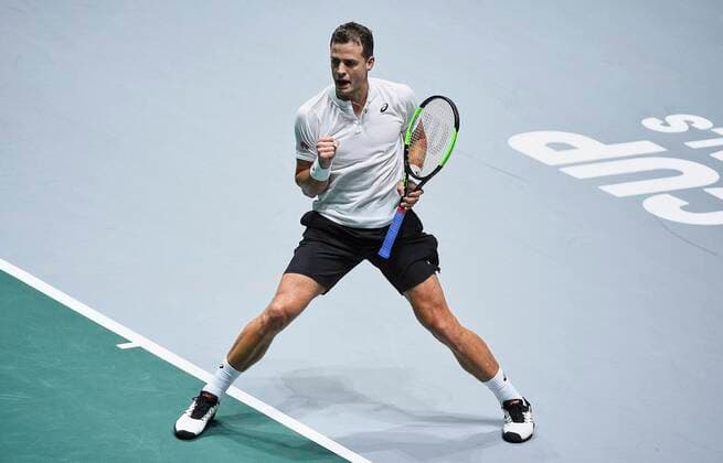 MADRID, SPAIN - NOVEMBER 19: Vasek Pospisil of Canada celebrates during the Group F match between USA and Canada during Davis Cup by Rakuten Madrid Finals 2019 at Caja Magica on November 19, 2019 in Madrid, Spain. (Photo by Corinne Dubreuil Kosmos Tennis) Cordon Press