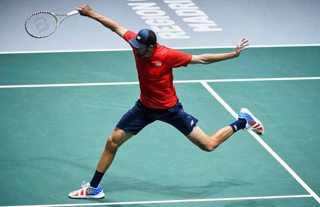 MADRID, SPAIN - NOVEMBER 19: Reilly Opelka of United States in action during the Group F match between USA and Canada during Davis Cup by Rakuten Madrid Finals 2019 at Caja Magica on November 19, 2019 in Madrid, Spain. (Photo by Corinne Dubreuil Kosmos Tennis) Cordon Press