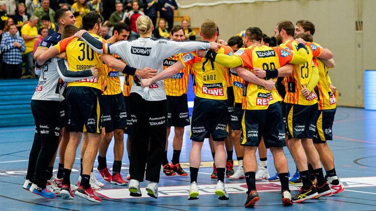 Spieler der Rhein-Neckar-Löwen, Jubel nach dem Schlusspfiff, Sieg, Sieger, Gewinner, jubelt, jubeln, Freude, optimistisch, Highlight, Action, Aktion, 20.11.2019, Mannheim (Deutschland), Handball, EHF-Pokal, Rhein-Neckar Löwen - SKA Minsk