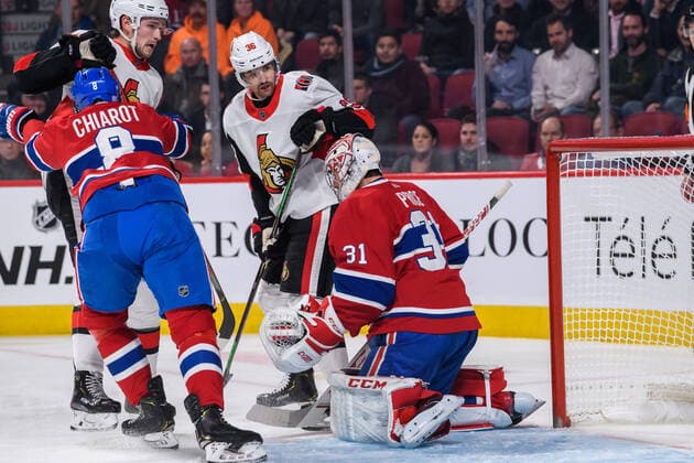 MONTREAL, QC - NOVEMBER 20: Carey Price (31) of the Montreal Canadiens makes a save with Colin White (36) of the Ottawa Senators in front of him during the first period of the NHL, Eishockey Herren, USA game between the Ottawa Senators and the Montreal Canadiens on November 20, 2019, at the Bell Centre in Montreal, QC (Photo by Vincent Ethier Icon Sportswire) NHL: NOV 20 Senators at Canadiens Icon1911200610