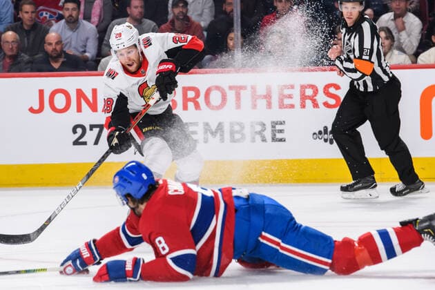 MONTREAL, QC - NOVEMBER 20: Ben Chiarot (8) of the Montreal Canadiens slides on the ice to block Connor Brown (28) of the Ottawa Senators pass during the first period of the NHL, Eishockey Herren, USA game between the Ottawa Senators and the Montreal Canadiens on November 20, 2019, at the Bell Centre in Montreal, QC (Photo by Vincent Ethier Icon Sportswire) NHL: NOV 20 Senators at Canadiens Icon1911200775