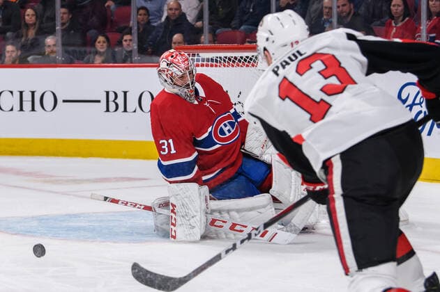 MONTREAL, QC - NOVEMBER 20: Nick Paul (13) of the Ottawa Senators shoots wide of the net during the first period of the NHL, Eishockey Herren, USA game between the Ottawa Senators and the Montreal Canadiens on November 20, 2019, at the Bell Centre in Montreal, QC (Photo by Vincent Ethier Icon Sportswire) NHL: NOV 20 Senators at Canadiens Icon1911200785