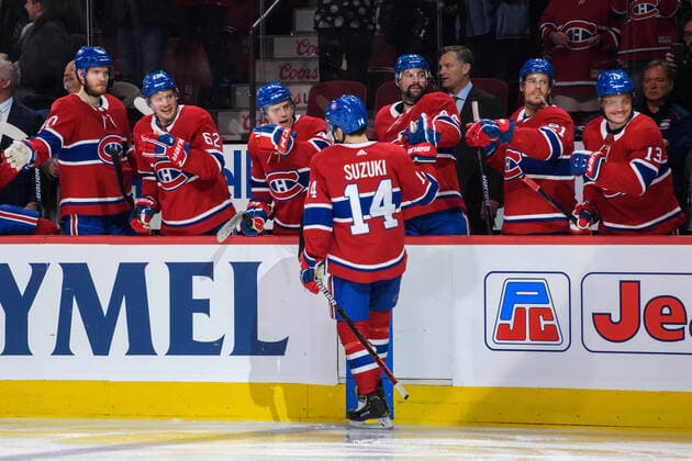 MONTREAL, QC - NOVEMBER 20: Nick Suzuki (14) of the Montreal Canadiens celebrates with teammates after scoring a goal during the second period of the NHL, Eishockey Herren, USA game between the Ottawa Senators and the Montreal Canadiens on November 20, 2019, at the Bell Centre in Montreal, QC (Photo by Vincent Ethier Icon Sportswire) NHL: NOV 20 Senators at Canadiens Icon1911201166