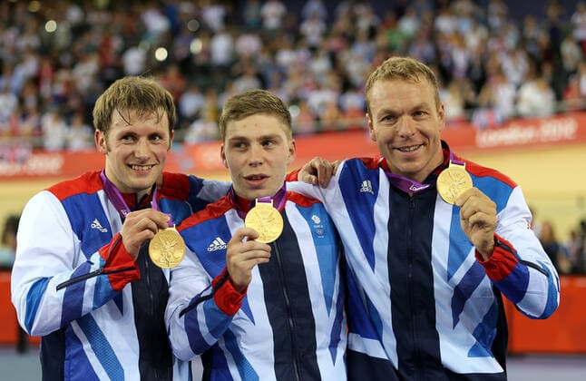 Jason Kenny, Philip Hindes & Chris Hoy Great Britain London 2012 Olympic Games, Olympische Spiele, Olympia, OS Cycling Track, Mens Team Sprint Stratford, London, England 02 August 2012  Copyright: MaryxEvansxAllstarxPaulxMcFegan 12422476