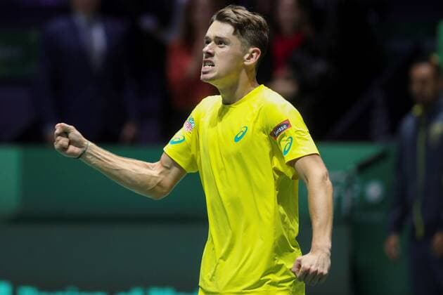 Australian tennis player Alex de Minaur celebrates after defeating Canadian Denis Shapovalov during the quarterfinals of the Davis Cup Madrid Finals held at the Caja Magica tennis venue in Madrid, Spain, 21 November 2019. Davis Cup Madrid Finals: Canada vs. Australia !ACHTUNG: NUR REDAKTIONELLE NUTZUNG!  Copyright: xJuanJoxMartinx GRAF3892 20191121-637099721904369287
