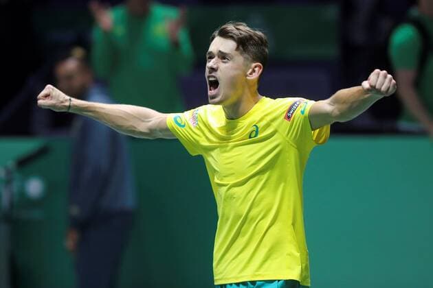 Australian tennis player Alex de Minaur celebrates after defeating Canadian Denis Shapovalov during the quarterfinals of the Davis Cup Madrid Finals held at the Caja Magica tennis venue in Madrid, Spain, 21 November 2019. Davis Cup Madrid Finals: Canada vs. Australia !ACHTUNG: NUR REDAKTIONELLE NUTZUNG!  Copyright: xJuanJoxMartinx GRAF3889 20191121-637099721916713054