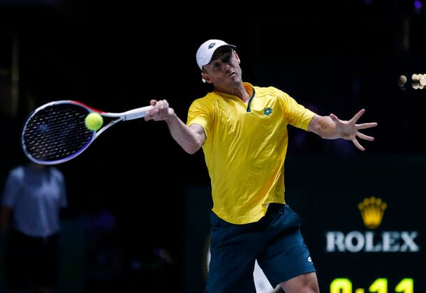 John Millman of Australia plays a forehand against Vasek Pospisil of Canada during Day 4 of the 2019 Davis Cup at La Caja Magica on November 21, 2019 in Madrid, Spain.  (20191121833)