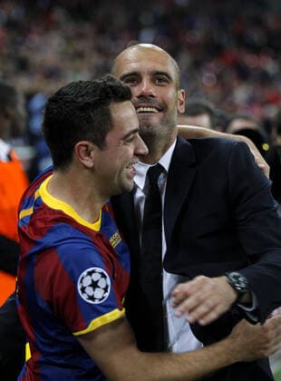 Xavi & Josep Guardiola FC Barcelona, Barca V Manchester Utd Uefa Champions League Final 2011 Wembley Stadium, London, England 28 May 2011  Copyright: MaryxEvansxAllstarxRichardxSellers 12523051 editorial use only