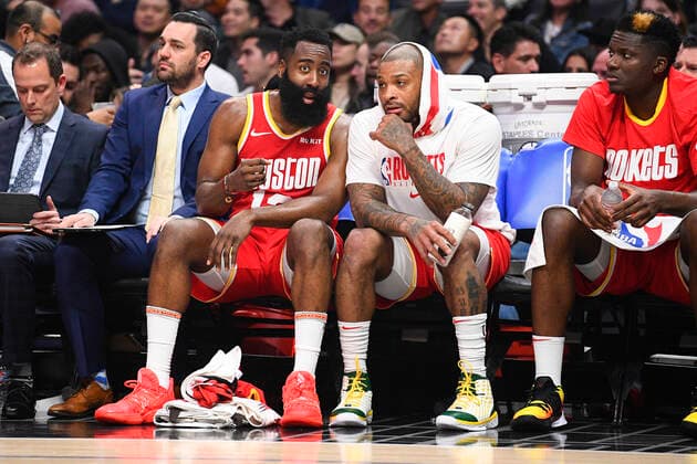 LOS ANGELES, CA - NOVEMBER 22: Houston Rockets Guard James Harden (13) talks with Houston Rockets Forward PJ Tucker (17) on the bench during a NBA, Basketball Herren, USA game between the Houston Rockets and the Los Angeles Clippers on November 22, 2019 at STAPLES Center in Los Angeles, CA. (Photo by Brian Rothmuller Icon Sportswire) NBA: NOV 22 Rockets at Clippers Icon191122074