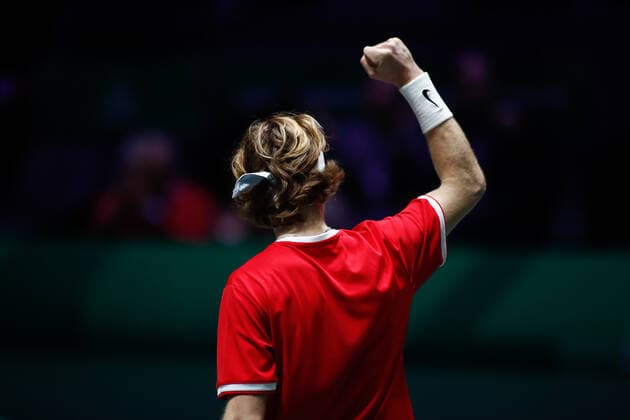 November 23, 2019, Madrid, MADRID, SPAIN: Andrey Rublev of Russia in action during his first ron singles match of Semi-Finals against -Vasek Pospisil of Canada during the Day 5 of the 2019 Davis Cup at La Caja Magica on November 23, 2019 in Madrid, Spain. Tennis: Davis Cup - Day 6 - ZUMAa181 20191123_zaa_a181_004 Copyright: xAFP7x