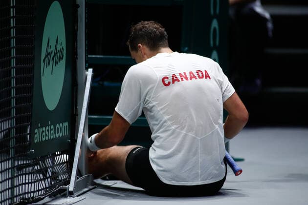 November 23, 2019, Madrid, MADRID, SPAIN: Vasek Pospisil of Canada in action during his first ron singles match of Semi-Finals against -Andrey Rublev of Russia during the Day 5 of the 2019 Davis Cup at La Caja Magica on November 23, 2019 in Madrid, Spain. Tennis: Davis Cup - Day 6 - ZUMAa181 20191123_zaa_a181_007 Copyright: xAFP7x