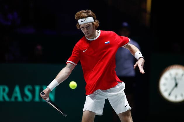 November 23, 2019, Madrid, MADRID, SPAIN: Andrey Rublev of Russia in action during his first ron singles match of Semi-Finals against -Vasek Pospisil of Canada during the Day 5 of the 2019 Davis Cup at La Caja Magica on November 23, 2019 in Madrid, Spain. Tennis: Davis Cup - Day 6 - ZUMAa181 20191123_zaa_a181_010 Copyright: xAFP7x