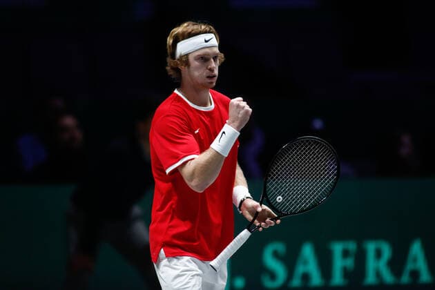 November 23, 2019, Madrid, MADRID, SPAIN: Andrey Rublev of Russia in action during his first ron singles match of Semi-Finals against -Vasek Pospisil of Canada during the Day 5 of the 2019 Davis Cup at La Caja Magica on November 23, 2019 in Madrid, Spain. Tennis: Davis Cup - Day 6 - ZUMAa181 20191123_zaa_a181_023 Copyright: xAFP7x