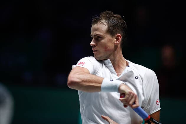 November 23, 2019, Madrid, MADRID, SPAIN: Vasek Pospisil of Canada in action during his first ron singles match of Semi-Finals against -Andrey Rublev of Russia during the Day 5 of the 2019 Davis Cup at La Caja Magica on November 23, 2019 in Madrid, Spain. Tennis: Davis Cup - Day 6 - ZUMAa181 20191123_zaa_a181_016 Copyright: xAFP7x