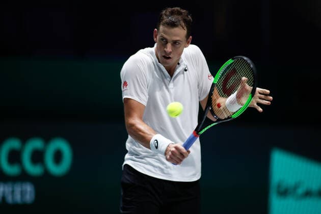 November 23, 2019, Madrid, MADRID, SPAIN: Vasek Pospisil of Canada in action during his first ron singles match of Semi-Finals against -Andrey Rublev of Russia during the Day 5 of the 2019 Davis Cup at La Caja Magica on November 23, 2019 in Madrid, Spain. Tennis: Davis Cup - Day 6 - ZUMAa181 20191123_zaa_a181_021 Copyright: xAFP7x