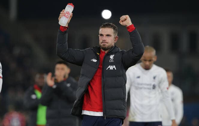 LiverpoolÕs Jordan Henderson celebrates after the Premier League match at Selhurst Park, London. Picture date: 23rd November 2019. Picture credit should read: Paul Terry Sportimage EDITORIAL USE ONLY. No use with unauthorised audio, video, data, fixture lists, club league logos or live services. Online in-match use limited to 120 images, no video emulation. No use in betting, games or single club league player publications. SPI-0320-0040