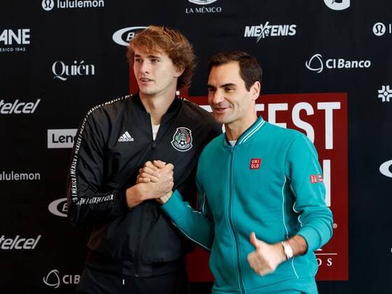 Swiss tennis player Roger Federer (R) and German Alexander Zverev (L) participate in a press conference, PK, Pressekonferenz in Mexico City, Mexico, 23 November 2019. The bullring of Mexico, the one with the highest capacity in the world, will become a tennis court on Saturday for a few hours for an exhibition between Roger Federer, world number 3, and the German Alexander Zverev, seven of the world ranking. The bullring of Mexico is transformed for an exhibition of Federer !ACHTUNG: NUR REDAKTIONELLE NUTZUNG!  Copyright: xJoséxMéndezx(es-ES)x AME8873 20191123-637101318453282575