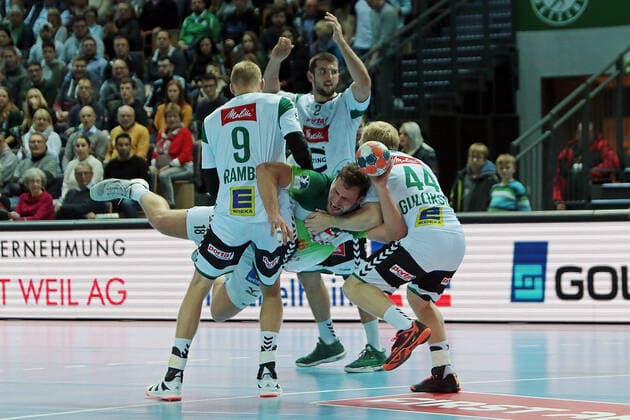 23.11.2019, xovx, Handball Bundesliga, HSG Wetzlar - TSV GWD Minden emspor, v.l. Christoffer Rambo (GWD Minden), Lucas Meister (GWD Minden), Nils Torbruegge (HSG Wetzlar), Kevin Gulliksen (GWD Minden), Aktion . (DFL DFB REGULATIONS PROHIBIT ANY USE OF PHOTOGRAPHS as IMAGE SEQUENCES and or QUASI-VIDEO) Wetzlar