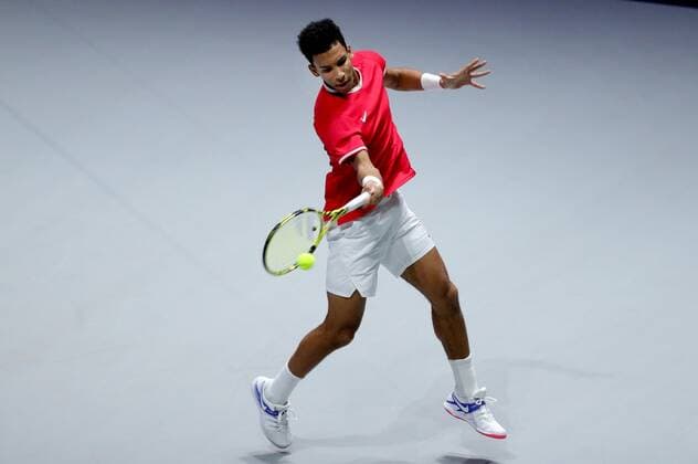 Canadian tennis player Felix Auger-Aliassime in action against Spanish Roberto Bautista during the Davis Cup Finals tennis tournament final tie between Canada and Spain at the Caja Magica facilities in Madrid, Spain, 24 November 2019. Spain vs. Canada !ACHTUNG: NUR REDAKTIONELLE NUTZUNG!  Copyright: xJuanJoxMartinx GRAF6238 20191124-637102139597084419
