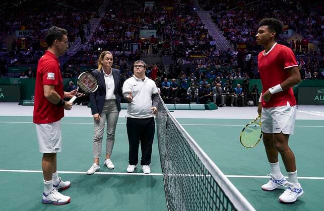 MADRID, SPAIN - NOVEMBER 24: Roberto Bautista of Spain and Felix Auger-Aliassime of Canada prior to the Final match between Spain and Canada of Davis Cup by Rakuten Madrid Finals 2019 at Caja Magica on November 24, 2019 in Madrid, Spain. (Photo by Diego Souto Kosmos Tennis) Cordon Press