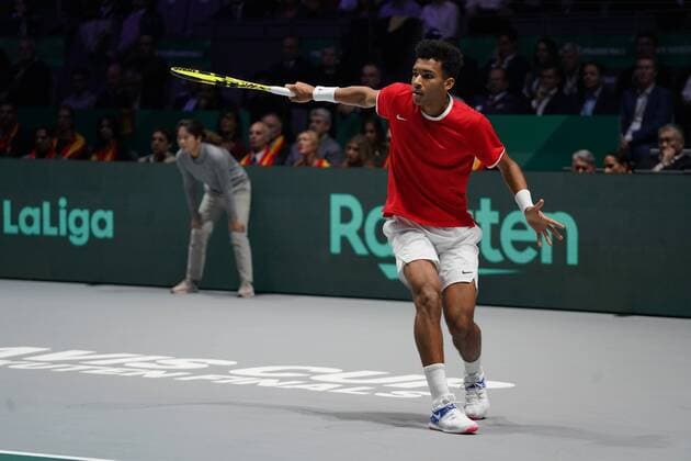 Felix Auger-Aliassime of Canada celebrates during the Final match between Spain and Canada of Davis Cup by Rakuten Madrid Finals 2019 at Caja Magica on November 24, 2019 in Madrid, Spain Cordon Press