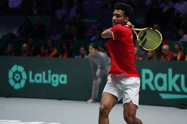 Felix Auger-Aliassime of Canada celebrates during the Final match between Spain and Canada of Davis Cup by Rakuten Madrid Finals 2019 at Caja Magica on November 24, 2019 in Madrid, Spain Cordon Press