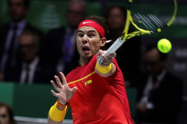 Spanish tennis player Rafa Nadal in action against Canadian Denis Shapovalov during the Davis Cup Finals tennis tournament final tie between Canada and Spain at the Caja Magica facilities in Madrid, Spain, 24 November 2019. Spain vs. Canada !ACHTUNG: NUR REDAKTIONELLE NUTZUNG!  Copyright: xJuanJoxMartinx GRAF6361 20191124-637102214444462358