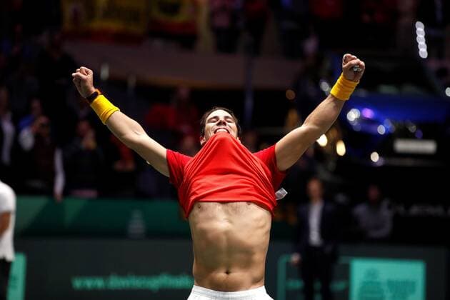 Spanish tennis player Rafa Nadal celebrates after defeating Canadian Denis Shapovalov during the Davis Cup Finals tennis tournament final tie between Canada and Spain at the Caja Magica facilities in Madrid, Spain, 24 November 2019. Spain vs. Canada !ACHTUNG: NUR REDAKTIONELLE NUTZUNG!  Copyright: xJuanJoxMartínx GRAF6455 20191124-637102277716470610