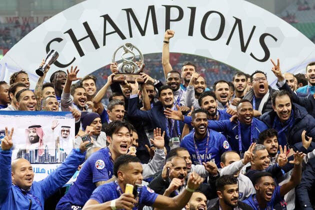 November 24, 2019, Saitama, Japan - Saudi Arabia s Al Hilal SFC members celebrate their victory of AFC Champions League at the final in Saitama, suburban Tokyo on Sunday, November 24, 2019. Al Hilal SFC defeated Urawa Reds 2-0 in the second match of the ACL finals. Noxthirdxpartyxsales  (117237831)