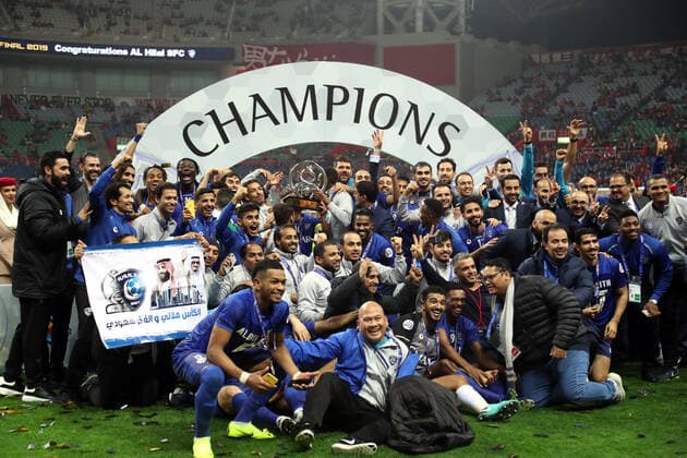 November 24, 2019, Saitama, Japan - Saudi Arabia s Al Hilal SFC members celebrate their victory of AFC Champions League at the final in Saitama, suburban Tokyo on Sunday, November 24, 2019. Al Hilal SFC defeated Urawa Reds 2-0 in the second match of the ACL finals. Noxthirdxpartyxsales  (117238023)