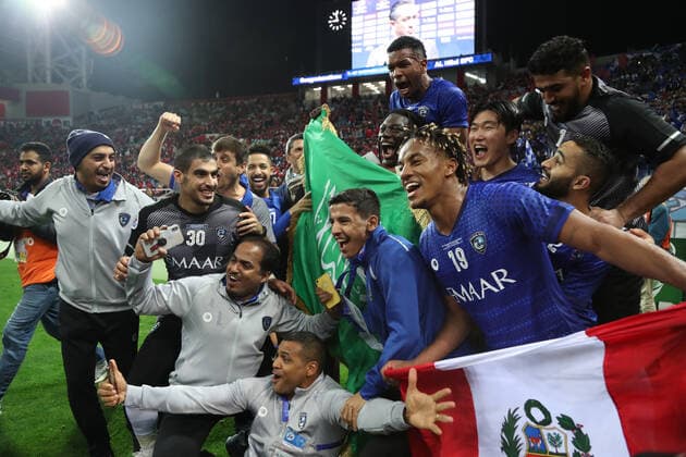 November 24, 2019, Saitama, Japan - Saudi Arabia s Al Hilal SFC members celebrate their victory of AFC Champions League at the final in Saitama, suburban Tokyo on Sunday, November 24, 2019. Al Hilal SFC defeated Urawa Reds 2-0 in the second match of the ACL finals. Noxthirdxpartyxsales  (117238028)