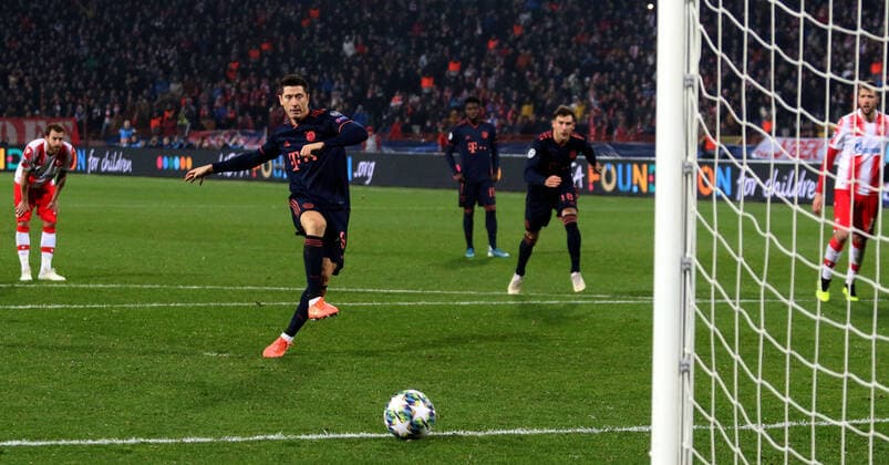 26.11.2019 Belgrade(Serbia) FK Crvena Zvezda(FC Red Star)-FC Bayern München Uefa champions league men s football Robert Lewandowski(C) FC Bayern München scoring second goal from penalty :Str 