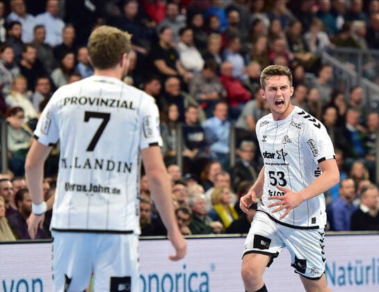 28.11.2019 - Handball - 1. Bundesliga Liqui Moly HBL - Saison 2019 2020 - 15.Spieltag: HC Erlangen Metropolregion Nürnberg HCE - THW Kiel - OGo - Magnus Landin Jacobsen (7, THW Kiel ) Nikola Bilyk (53, THW Kiel ) Jubel Freude