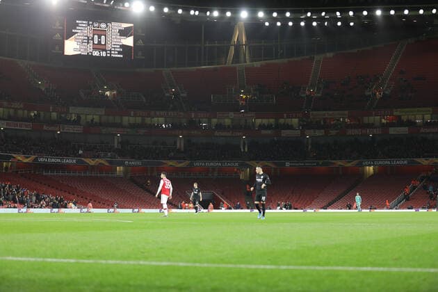 28.11.2019 Gruppenspiel Gruppe F UEFA Europa League Saison 2019 20 FC Arsenal - Eintracht Frankfurt v.l., Leere Tribünen, Gästeblock Foto: Joaquim Ferreira Copyright: JoaquimxFerreira