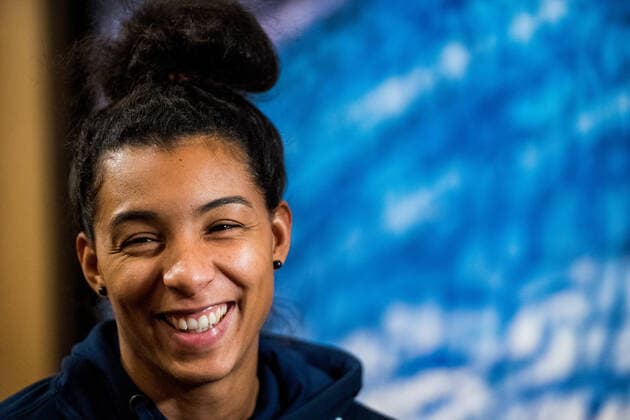 191129 Jamina Roberts of Sweden is interviewed by the media during a press meeting ahead of the Women s World Handball Championship on November 29, 2019 in Kumamoto. Photo: Ludvig Thunman BILDBYRAN kod LT 35686 bbeng dam women handball handboll world handball championship 2019 sweden press meeting Copyright: LUDVIGxTHUNMAN BB191129LT032