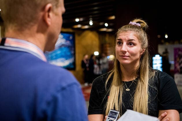 191129 Linn Blohm of Sweden is interviewed by the media during a press meeting ahead of the Women s World Handball Championship on November 29, 2019 in Kumamoto. Photo: Ludvig Thunman BILDBYRAN kod LT 35686 bbeng dam women handball handboll world handball championship 2019 sweden press meeting Copyright: LUDVIGxTHUNMAN BB191129LT046