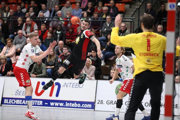 v.l. Jan von Boenigk (ASV Hamm-Westfalen 95), Roman Becvar (TuS N-Luebbecke 3), Marten Franke (ASV Hamm-Westfalen 55), Felix Storbeck (ASV Hamm-Westfalen 1) GER, Handball, 2. Bundesliga, TuS N-Luebbecke gegen ASV Hamm-Westfalen, 29.11.2019 Luebbecke Copyright: xStrohdiekx Eibner-Pressefotox EP_jsk