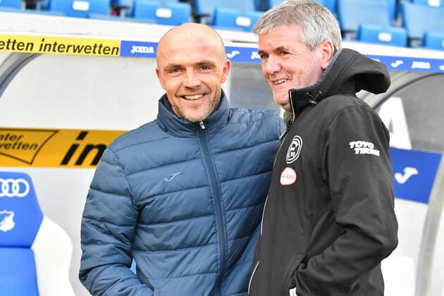 GER, 1. FBL, TSG 1899 Hoffenheim vs. Fortuna Duesseldorf 30.11.2019, PreZero-Arena, Sinsheim, GER, 1. FBL, TSG 1899 Hoffenheim vs. Fortuna Duesseldorf, DFL REGULATIONS PROHIBIT ANY USE OF PHOTOGRAPHS AS IMAGE SEQUENCES AND OR QUASI-VIDEO. im Bild: Alfred Schreuder (Trainer TSG Hoffenheim) und Friedhelm Funkel (Trainer, Fortuna Duesseldorf) *** GER, 1 FBL, TSG 1899 Hoffenheim vs. Fortuna Duesseldorf 30 11 2019, PreZero Arena, Sinsheim, GER, 1 FBL, TSG 1899 Hoffenheim vs. Fortuna Duesseldorf, DFL REGULATIONS PROHIBIT ANY USE OF PHOTOGRAPHS AS IMAGE SEQUENCES AND OR QUASI VIDEO in picture Alfred Schreuder Trainer TSG Hoffenheim and Friedhelm Funkel Trainer, Fortuna Duesseldorf nordphotox xFabisch nordphoto00100