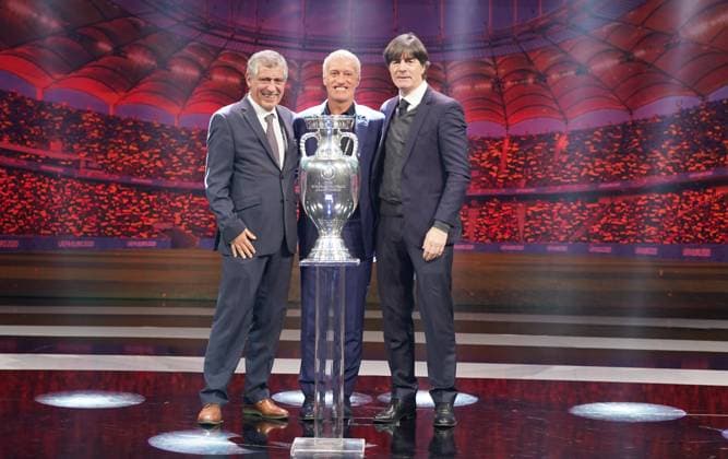 Bundestrainer Joachim Loew (Deutschland Germany) mit Nationaltrainer Fernando Santos (Portugal), Nationaltrainer Didier Deschamps (Frankreich, France) - 30.11.2019: UEFA EURO2020 Auslosung, Romexpo Bukarest, DISCLAIMER: UEFA regulations prohibit any use of photographs as image sequences and or quasi-video.