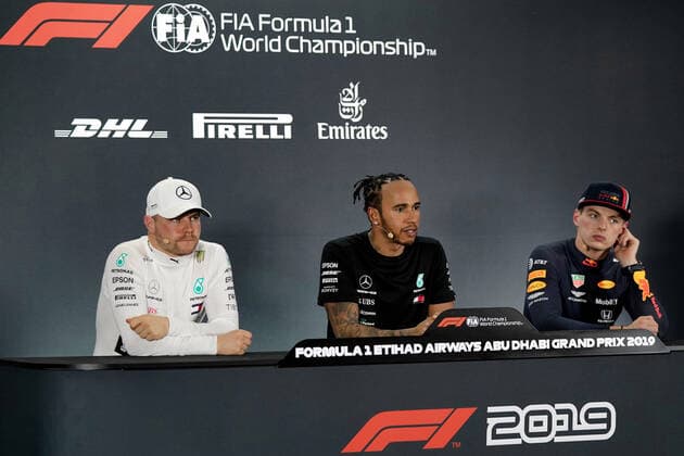 Photo4 LaPresse 30 11 2019 Abu Dhabi, United Arab Emirates Grand Prix Formula One Abu Dhabi 2019 In the pic: pole position press conference, PK, Pressekonferenz 1st position Lewis Hamilton (GBR) Mercedes AMG F1 W10 2nd position Valtteri Bottas (FIN) Mercedes AMG F1 W10 3rd position Max Verstappen (NED) Red Bull Racing RB15  Copyright: xPhoto4 LaPressex