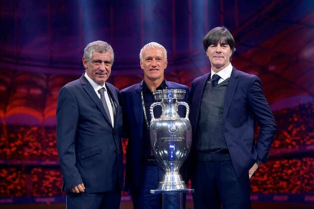 The final draw of the UEFA EURO, EM, Europameisterschaft,Fussball 2020 football tournament Germany s head coach Joachim Low, France s head coach Didier Deschamps and Portugal s head coach Fernando Santos pictured with the trophy EURO 2020 during the final draw of the UEFA Euro 2020 football tournament in Bucharest on November 30, 2019. ALEX NICODIM IMAGO Copyright: xALEXxNICODIMx