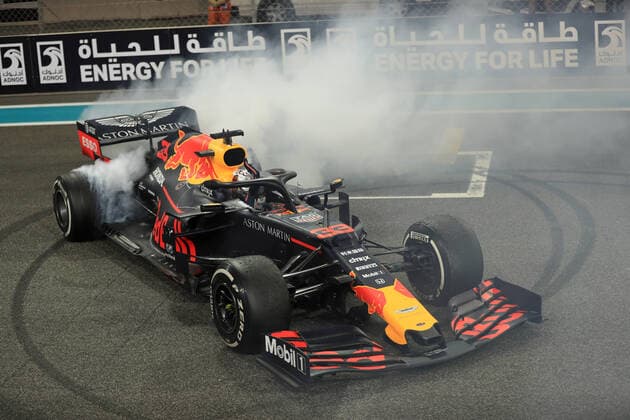 1st December 2019; Yas Marina Circuit, Abu Dhabi, United Arab Emirates; Formula 1 Abu Dhabi Grand Prix, race day; Aston Martin Red Bull Racing, Max Verstappen does doughnuts on pit staight after finishing in 2nd place  ActionPlus12192945 LeannexBoon