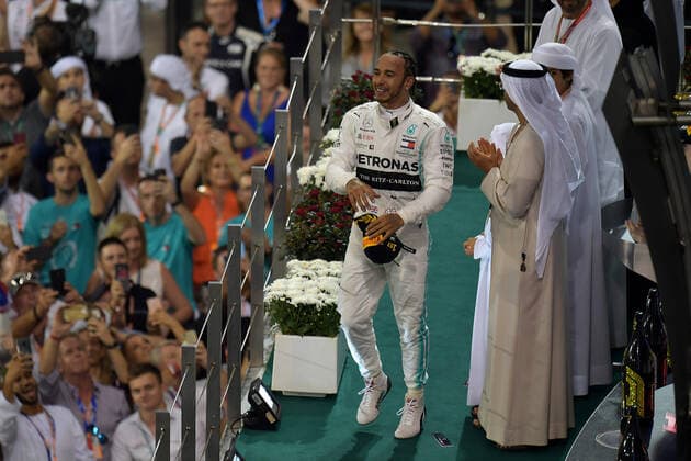 FORMULA 1 ETIHAD AIRWAYS ABU DHABI GRAND PRIX 2019 01.12.2019, Yas Marina Circuit, Abu Dhabi, FORMULA 1 ETIHAD AIRWAYS ABU DHABI GRAND PRIX 2019 , im Bild Podium: Sieger Lewis Hamilton (GB 44), Mercedes-AMG Petronas Motorsport, 2.Platz für Max Verstappen (NEL 33), Aston Martin Red Bull Racing, 3.Platz für Charles Leclerc (MCO 16), Scuderia Ferrari Mission Winnow