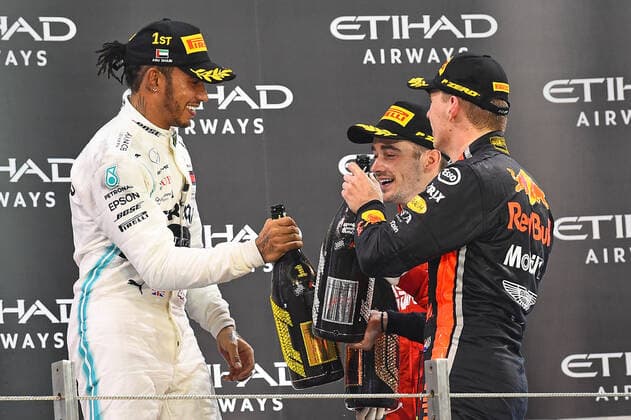 01.12.2019, xekx, Motorsport FIA, Formel 1 Großer Preis von Abu Dhabi - Rennen 2019 emspor, v.l. 1. Platz Lewis Hamilton (Mercedes-AMG Petronas), 3. Platz Charles Leclerc (Ferrari), 2. Platz Max Verstappen (Aston Martin Red Bull Racing) (DFL DFB REGULATIONS PROHIBIT ANY USE OF PHOTOGRAPHS as IMAGE SEQUENCES and or QUASI-VIDEO) Abu Dhabi