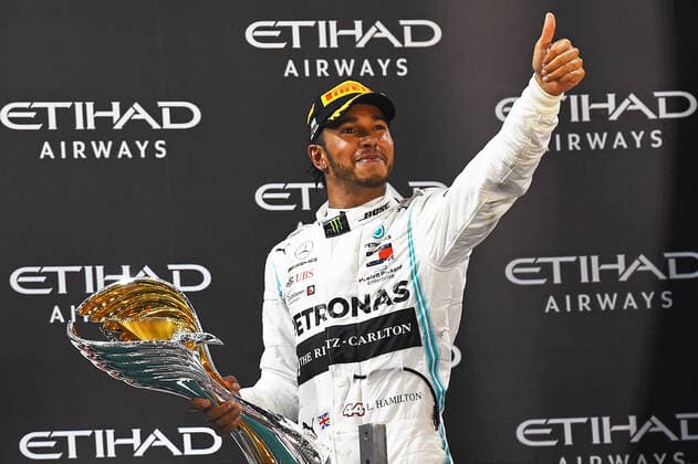 01.12.2019, xekx, Motorsport FIA, Formel 1 Großer Preis von Abu Dhabi - Rennen 2019 emspor, 1. Platz, Sieger, Lewis Hamilton (Mercedes-AMG Petronas) (DFL DFB REGULATIONS PROHIBIT ANY USE OF PHOTOGRAPHS as IMAGE SEQUENCES and or QUASI-VIDEO) Abu Dhabi
