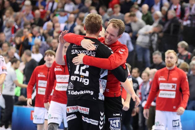 SG Flensburg-Handewitt vs Aalborg Handbold, Handball, EHF Champions League Gruppenphase, 01.12.19; Flensburg Jubel bei Kristian Saeveraas (Aalborg Handbold, 12) und Mikael Aggefors (Aalborg Handbold, 16) Copyright: xBEAUTIFULxSPORTS MarioxM.xKobergx